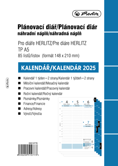 Herlitz - Náplň do krúžkového diára A5 - 2025, týždenný