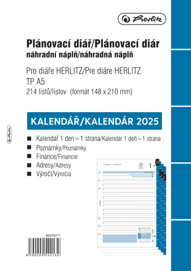 Herlitz - Náplň do krúžkových diárov A5 - 2025, denná